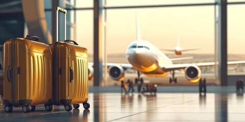 travel concept, yellow suitcase in an airport, vibrant lighting, rolling luggage at the terminal plane station, vacation and transport concepts, airplane or plane at the background - obrazy, fototapety, plakaty