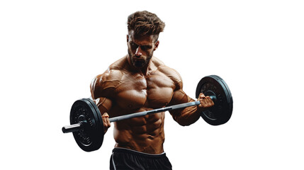 Fototapeta na wymiar A muscular man in a tank top and shorts, lifting a barbell at a gym, isolated on transparent background, png format