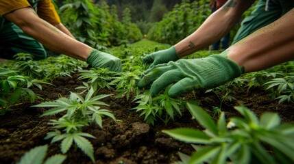 Workers gather ripe cannabis buds during the harvest season - obrazy, fototapety, plakaty