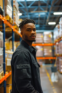 Male warehouse worker in bright distribution center with abundant natural light