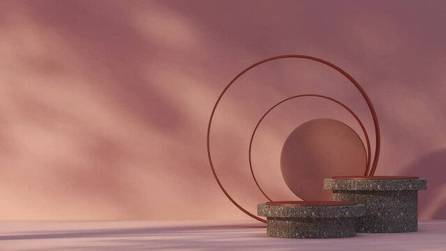 3D render animation 4K Marble Platform with pink   back wall and tree shadow