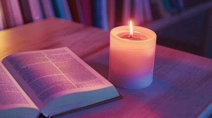 A burning candle and opened book in the dark background.