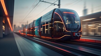 A 3D rendering of a high-speed passenger train exiting a tunnel.  - obrazy, fototapety, plakaty