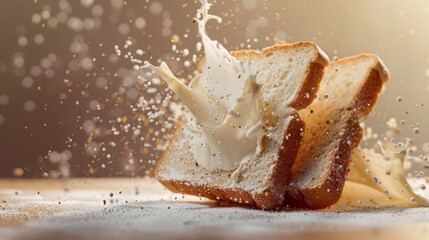 A slice of bread splash with milk cream.