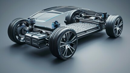 A 3D rendering of a futuristic car chassis.