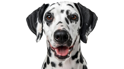 A closeup of a dalmatian with a spotted coat and a friendly face, isolated on transparent background, png file.
