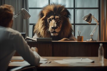 Lion Boss Interviewing Candidate in Office Setting - A Creative Anthropomorphic Concept - obrazy, fototapety, plakaty