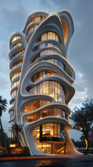 Futuristic building design concept with large windows and flowing curves