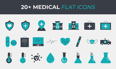 Set of Medical and Healthcare icons vector illustration collection flat icon soft blue and black color on white background fill icon pack
