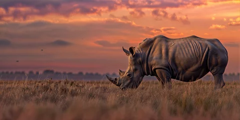 Rolgordijnen Adult rhinoceros grazing in the plains © Rajko