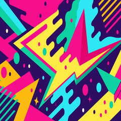 Vibrant Abstract Pop Art Color Paint Splash Pattern Background with Geometric Design Inspired by Trendy Memphis Style of the 80s-90s. Perfect for Wallpaper, Background, and Graphic Design Projects