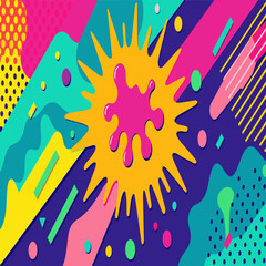 Fototapeta na wymiar Vibrant Abstract Pop Art Color Paint Splash Pattern Background with Geometric Design Inspired by Trendy Memphis Style of the 80s-90s. Perfect for Wallpaper, Background, and Graphic Design Projects