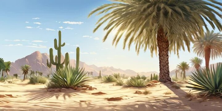 desert view with date palm trees and cacti growing around it, hot sun shining on the desert area and grass