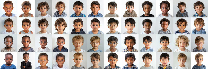 composite portrait of little boys of different cultures headshots on white background, including all ethnic, racial, and geographic types of male children in the world outside a city street - Powered by Adobe