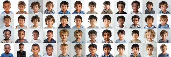 Foto op Canvas composite portrait of little boys of different cultures headshots on white background, including all ethnic, racial, and geographic types of male children in the world outside a city street © Adriana