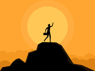 Man happy to succeed in climbing a mountain. Vector