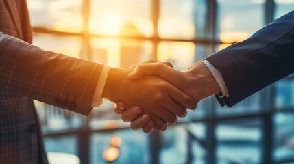Two professionals seal a deal with a handshake in an office with the backdrop of a sunset skyline.