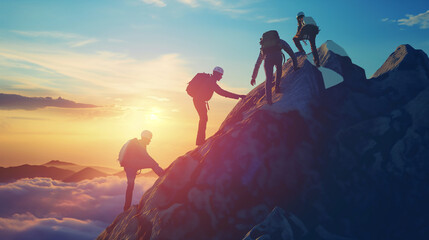 Silhouetted climbers on a rocky mountain at sunset, showcasing teamwork and cooperation in overcoming challenges. - obrazy, fototapety, plakaty