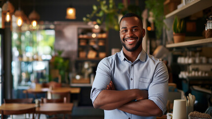 Cheerful African American male cafe owner with arms crossed, standing in his cozy coffee shop. - obrazy, fototapety, plakaty