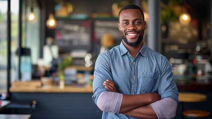 Fototapeta premium Cheerful African American male cafe owner with arms crossed, standing in his cozy coffee shop.