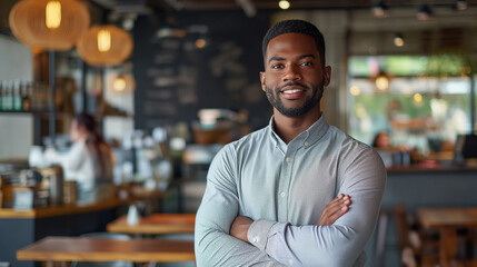 Fototapeta na wymiar Cheerful African American male cafe owner with arms crossed, standing in his cozy coffee shop.