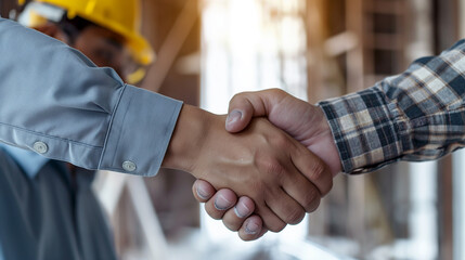 Close-up of a firm handshake between two construction workers at a building site, representing a professional agreement.