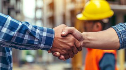 Close-up of a firm handshake between two construction workers at a building site, representing a professional agreement. - obrazy, fototapety, plakaty