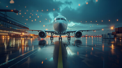 A commercial jetliner poised on the wet runway, reflecting airport lights at twilight, ready for departure.
