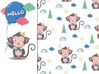 Naklejka premium Seamless pattern with little monkey. White background. Ｗrapping paper.Trees and clouds vector. Vector illustration in funny cartoon style.