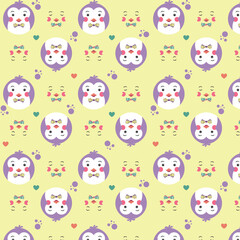 Seamless pattern with little penguins. 
Yellow background with colorful spots and emoji. Vector illustration in funny cartoon style.