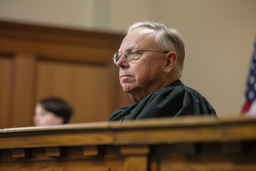 A supreme court judge sitting in courtroom. Judiciary, justice, law and order.   - obrazy, fototapety, plakaty