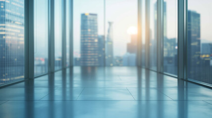 blurred background of a light modern office interior with panoramic windows and beautiful lighting.