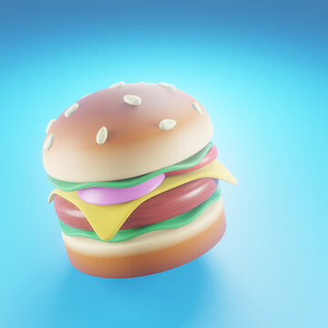Hamburger icon with meat, lettuce, cheese and tomato. 3D rending image.