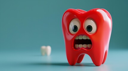 Red colored 3D cartoon tooth with an angry and surprised face in a clean blue-green backdrop with space for text or product, Generative AI.