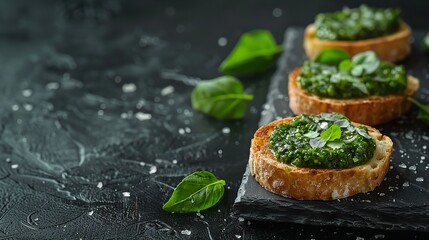 Tasty bruschetta's with pesto on black background with top view and a big space for text or product, Generative AI.