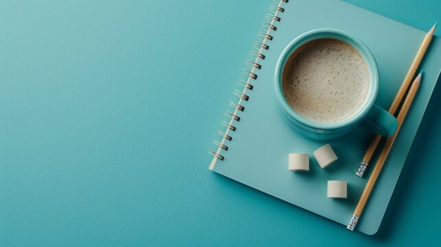 notebook, pencils and coffee mug on single and split color background copyspace composition. Office concept