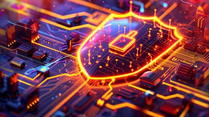 Privacy data security concept. A neon shield protecting computer and cloud database system
