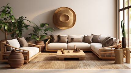 An earthy and sustainable living room with a sofa set made from eco-friendly materials, bamboo...