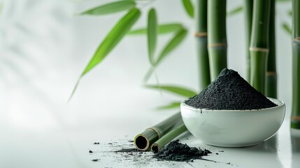 Top view bamboo charcoal decorated with fresh green bamboos in a clean white bamboos with a space for text or product, Generative AI. - obrazy, fototapety, plakaty