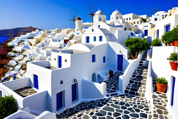 Travel mediterranean aegean of traditional cycladic Santorini white houses - obrazy, fototapety, plakaty