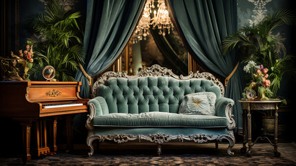 An elegant Chesterfield sofa set in luxurious velvet, situated in a formal parlor with ornate wallpaper, antique furniture, and a grand piano.