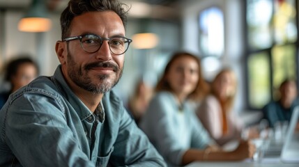 Obraz premium Teamwork meeting, Portrait of man smiling in meeting, business meeting