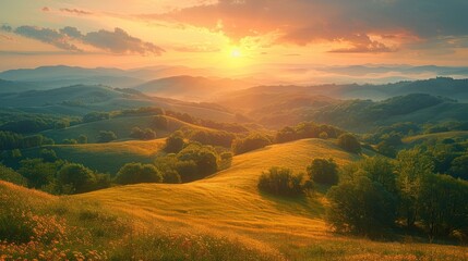 mountainous countryside at sunset. landscape with grassy rural fields and trees on hills rolling in to the distance in evening light. - obrazy, fototapety, plakaty