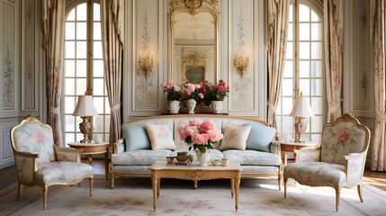 An elegant French provincial sitting room with a floral-patterned sofa set, gilded mirrors, and classic furniture. - obrazy, fototapety, plakaty