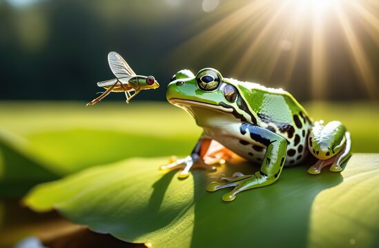 moment of interaction between a green frog with its tongue out and a hovering fly against a sunlit, natural backdrop.Frog behavior concept