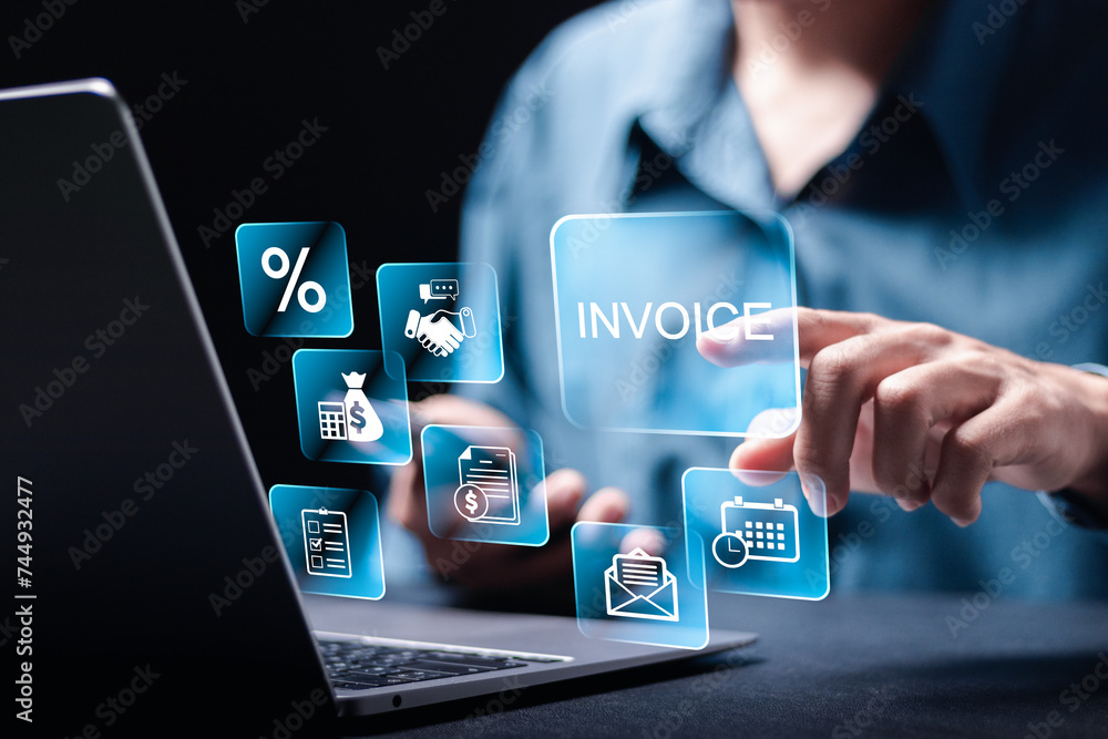 Poster invoice and online digital statements concept. person using laptop with invoice icons on virtual scr