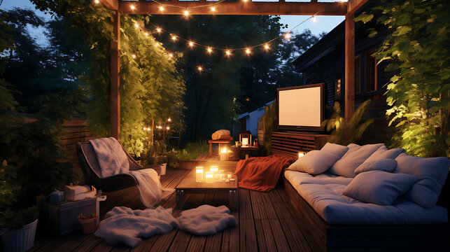 An outdoor cinema setup with a comfortable sofa set, a projector screen, and string lights for a magical movie night.