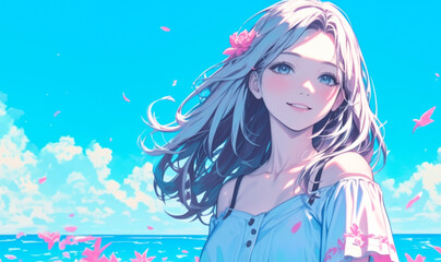 Obraz na płótnie Canvas 髪に花を飾った女の子が海辺で微笑んでいる