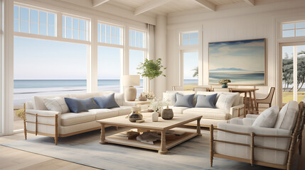 Fototapeta na wymiar A beach-inspired living room with a casual linen sofa set, adorned with nautical decor and panoramic ocean views through large windows.
