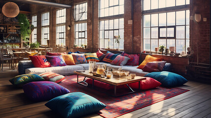 A bohemian-inspired loft with a low seating arrangement, floor cushions, and a mix of colorful textiles for a laid-back and eclectic vibe. - obrazy, fototapety, plakaty